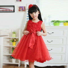 SEQUINS ROSE FLOWER SINGLE BOW SLEEVELESS FROCK