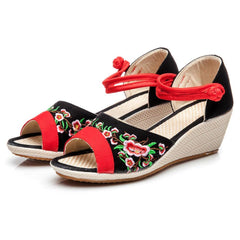 GONGYIBUXIE OPEN TOE FLORAL PATTERN EMBRO CANVAS SANDALS