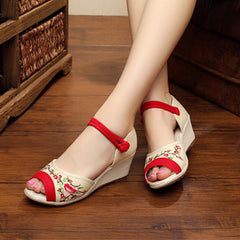 GONGYIBUXIE OPEN TOE FLORAL PATTERN EMBRO CANVAS SANDALS