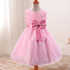 SEQUINS ROSE FLOWER SINGLE BOW SLEEVELESS FROCK